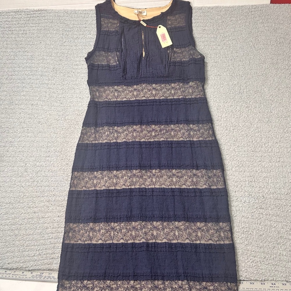 MSSP Lace Dress Tiered Sheath Large Navy Blue Coquette Romantic Cocktail Wedding